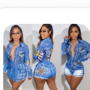 Denim Graffiti Button-Up short set - Blue